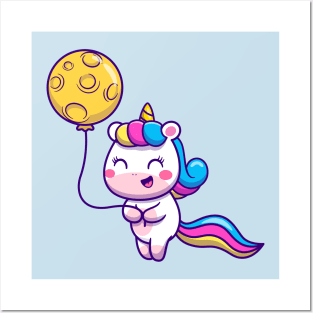 Cute Unicorn with Moon Balloon Cartoon Posters and Art